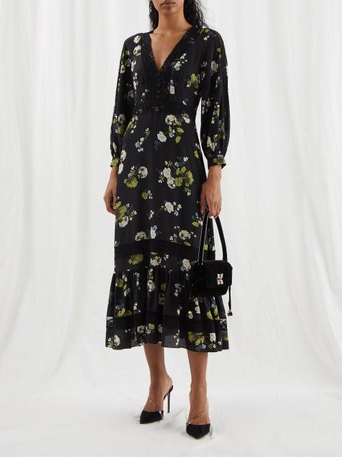 Erdem - Magdalene Lace-trim Floral Crepe De Chine Dress - Womens - Black Multi