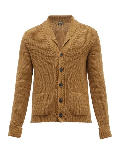 Mens Rtw Tom Ford - Shawl-collar Ribbed-cashmere Cardigan - Mens - Brown