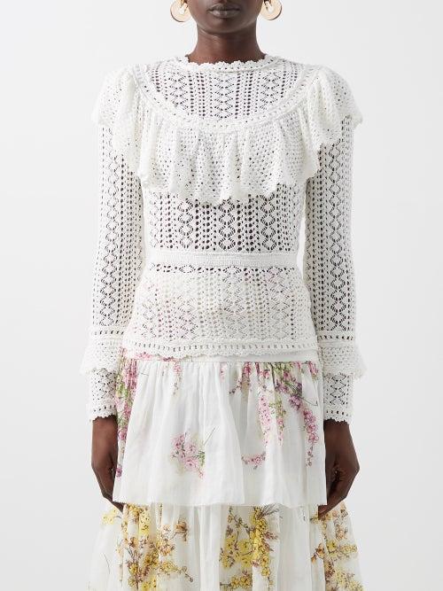 Zimmermann - Jude Flounced-yoke Cotton-crochet Top - Womens - Cream