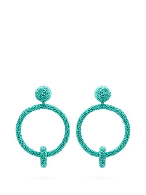 Matchesfashion.com Oscar De La Renta - Beaded Hoop Drop Clip On Earrings - Womens - Light Blue