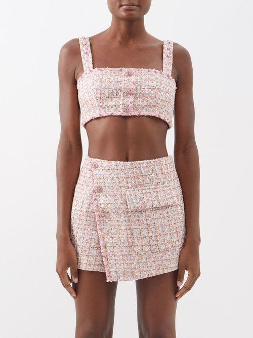 Self-portrait - Square-neck Boucl-tweed Top - Womens - Light Pink