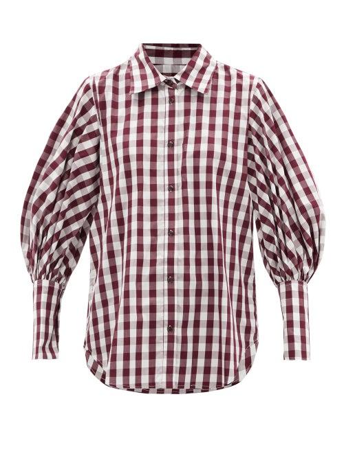 Ladies Rtw Lee Mathews - Wattle Balloon-sleeve Gingham Cotton Shirt - Womens - Burgundy