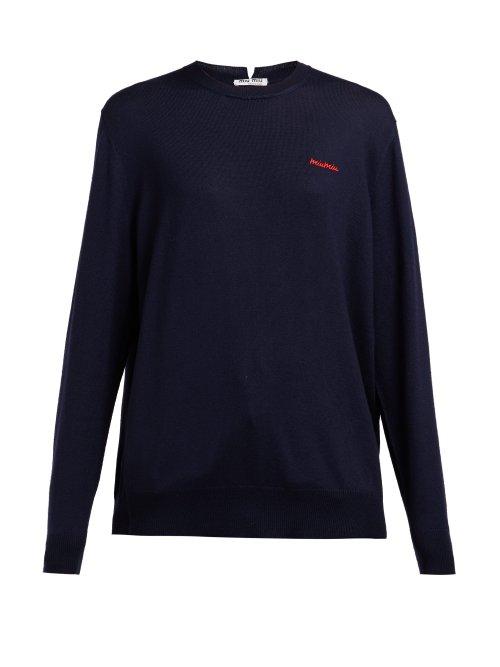 Matchesfashion.com Miu Miu - Logo Embroidered Wool Sweater - Womens - Navy
