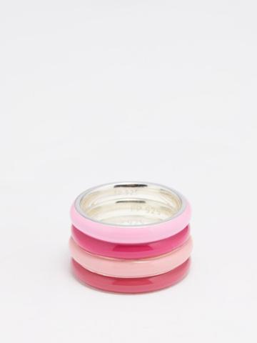 Fry Powers - Set Of Four Enamelled Sterling-silver Rings - Womens - Pink Multi