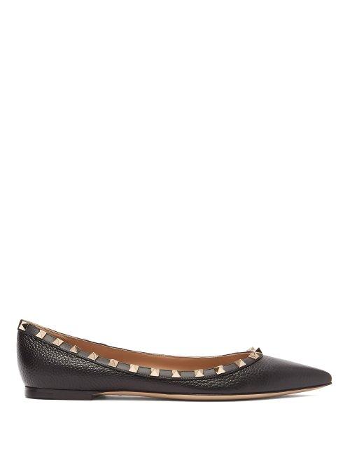 Matchesfashion.com Valentino - Rockstud Grained Leather Flats - Womens - Black