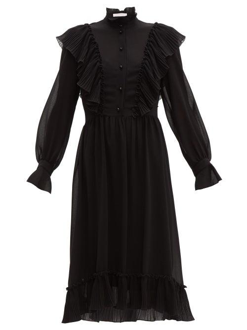Matchesfashion.com See By Chlo - Pliss Ruffle Trimmed Georgette Midi Dress - Womens - Black
