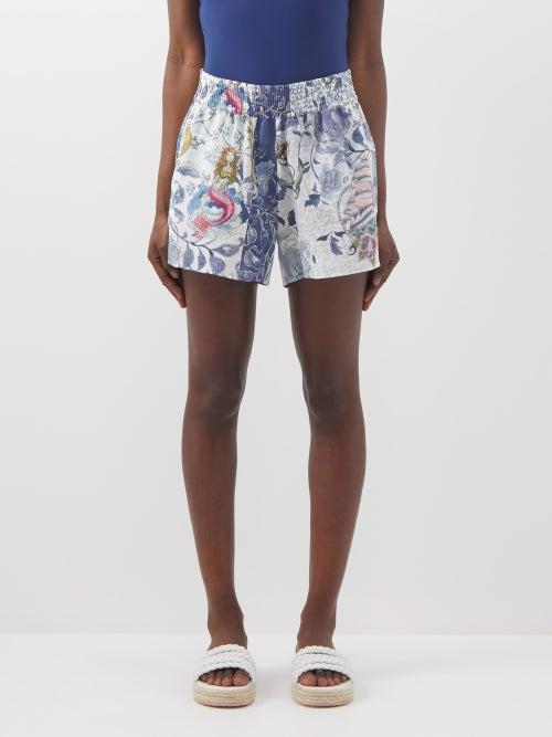 Etro - Tattoo-print Ramie Shorts - Womens - Blue Print