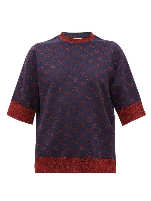 Matchesfashion.com Gucci - Gg-logo Jacquard Wool-blend Short-sleeved Sweater - Womens - Blue Multi