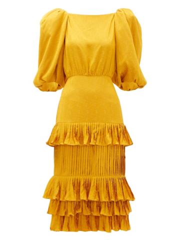 Matchesfashion.com Johanna Ortiz - Isolated Treasure Puff Sleeve Satin Dress - Womens - Yellow