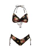 Matchesfashion.com Zimmermann - Honour Floral Print Ruched Bikini - Womens - Black