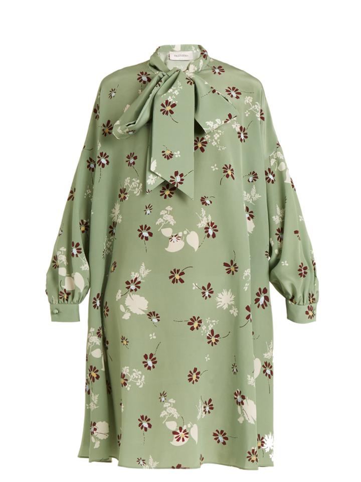 Valentino Daisy-print Neck-tie Silk Crepe De Chine Dress