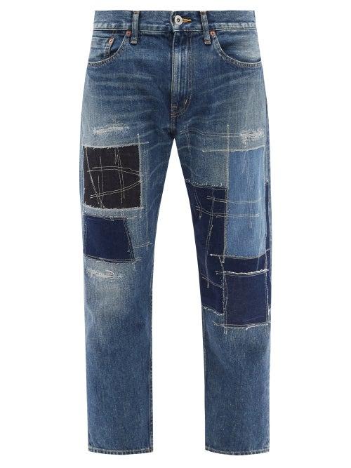 Matchesfashion.com Junya Watanabe - Patchwork Topstitched Straight-leg Cropped Jeans - Mens - Navy