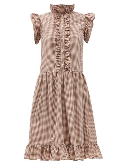Matchesfashion.com Batsheva - Claude Low-waist Ruffled Gingham Cotton Dress - Womens - Brown