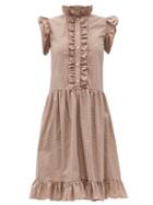 Matchesfashion.com Batsheva - Claude Low-waist Ruffled Gingham Cotton Dress - Womens - Brown