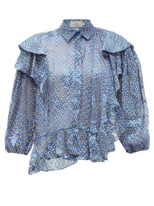 Matchesfashion.com Preen By Thornton Bregazzi - Kayla Ruffle Trim Chiffon Devor Blouse - Womens - Blue