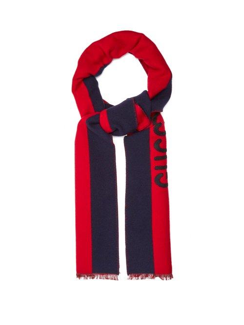Matchesfashion.com Gucci - Guccy Appliqu Striped Wool And Silk Blend Scarf - Mens - Navy Multi