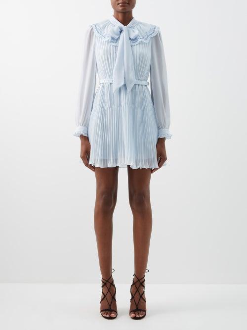 Self-portrait - Broderie-collar Pleated Chiffon Mini Dress - Womens - Light Blue