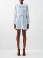 Self-portrait - Broderie-collar Pleated Chiffon Mini Dress - Womens - Light Blue