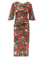 Matchesfashion.com Dolce & Gabbana - Ruched Geranium Print Silk Blend Midi Dress - Womens - Red Multi