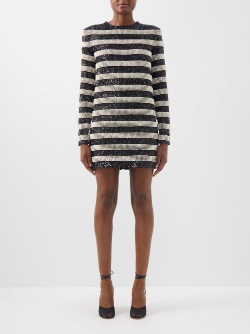 Balmain - Faux-pearl And Sequinned Striped Dress - Womens - Beige Black