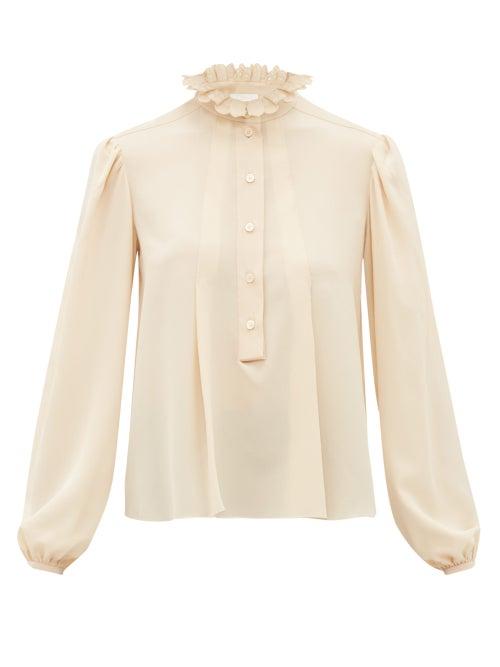 Matchesfashion.com Chlo - Scalloped Collar Silk Crepe De Chine Blouse - Womens - Beige