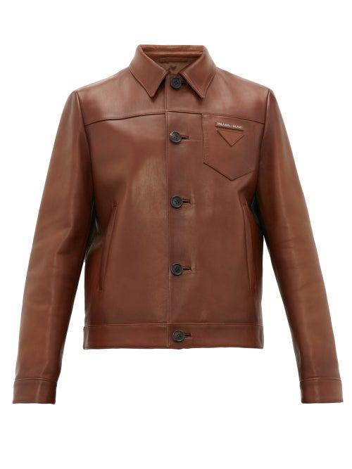 Matchesfashion.com Prada - Logo Print Leather Jacket - Mens - Brown