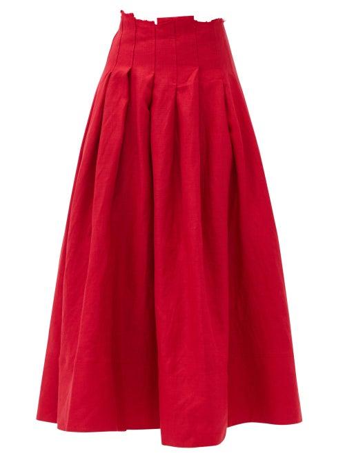 Matchesfashion.com Aje - Apres Raw-edged Pleated Linen Skirt - Womens - Red