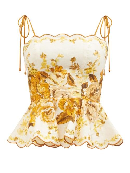 Ladies Beachwear Zimmermann - Aliane Scalloped Floral-print Linen Top - Womens - Orange White