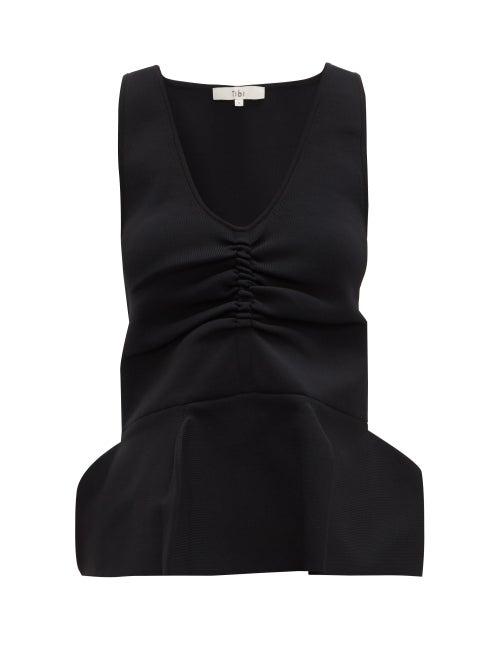Matchesfashion.com Tibi - Ruched Peplum Hem Stretch Knit Tank Top - Womens - Navy