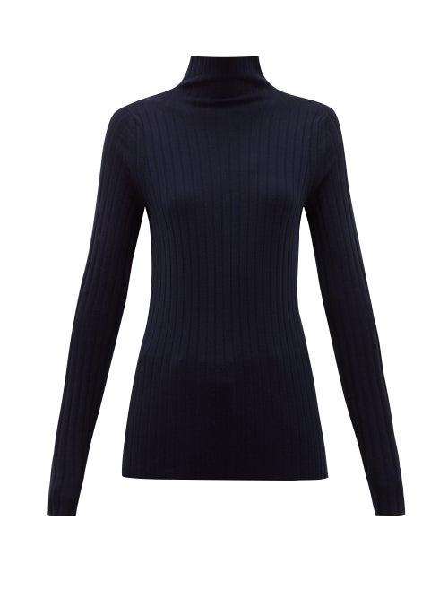 Matchesfashion.com The Row - High-neck Ribbed-knit Wool-blend Sweater - Womens - Navy