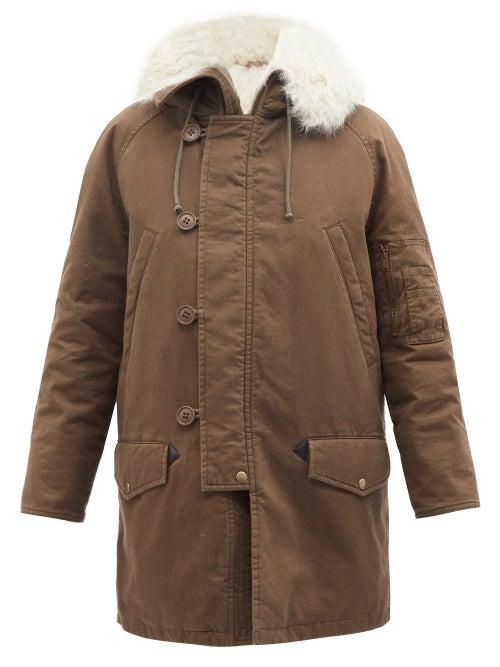 Saint Laurent - Hooded Shearling-lined Cotton-blend Gabardine Coat - Womens - Khaki