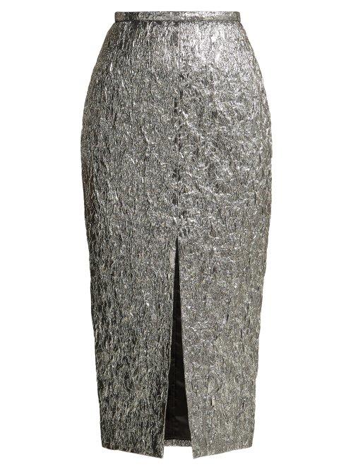 Matchesfashion.com Rochas - Slit Front Metallic Boucl Foil Effect Midi Skirt - Womens - Silver