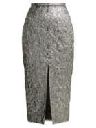 Matchesfashion.com Rochas - Slit Front Metallic Boucl Foil Effect Midi Skirt - Womens - Silver