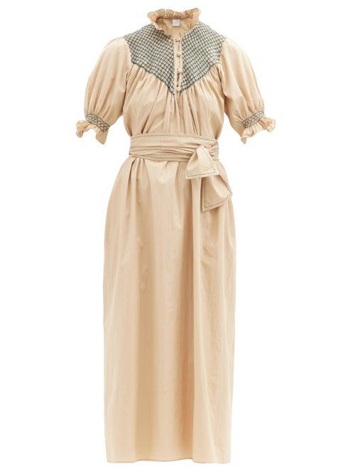 Matchesfashion.com Loretta Caponi - Elena High-neck Smocked Cotton Dress - Womens - Camel