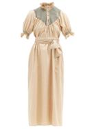 Matchesfashion.com Loretta Caponi - Elena High-neck Smocked Cotton Dress - Womens - Camel