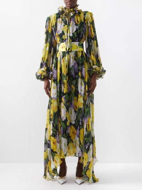 Richard Quinn - Belted Floral-print Pliss Chiffon Gown - Womens - Yellow Print