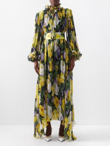 Richard Quinn - Belted Floral-print Pliss Chiffon Gown - Womens - Yellow Print