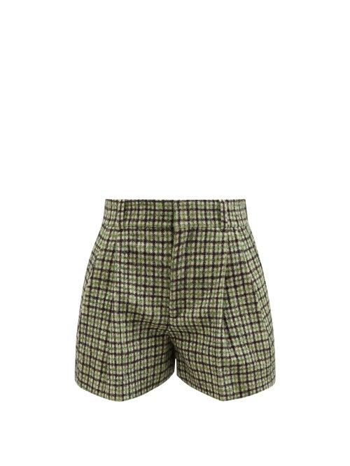 Chlo - High-rise Check Wool-blend Shorts - Womens - Green