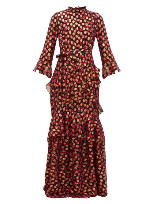 Matchesfashion.com Saloni - Marissa Floral Print Fil Coup Maxi Dress - Womens - Black Red