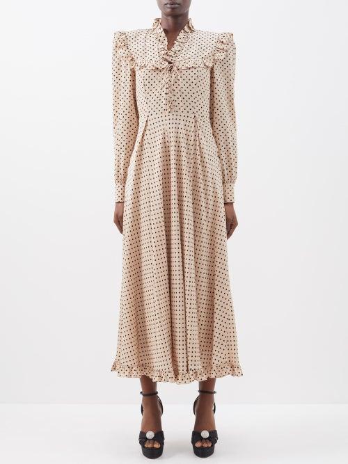 Alessandra Rich - Ruffled Polka-dot Silk Dress - Womens - Beige Black