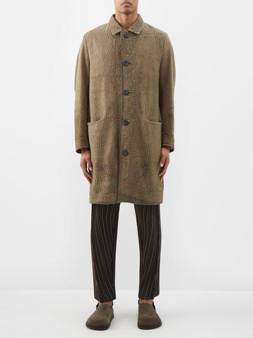 By Walid - Cedric Floral-embroidered Silk Coat - Mens - Dark Green