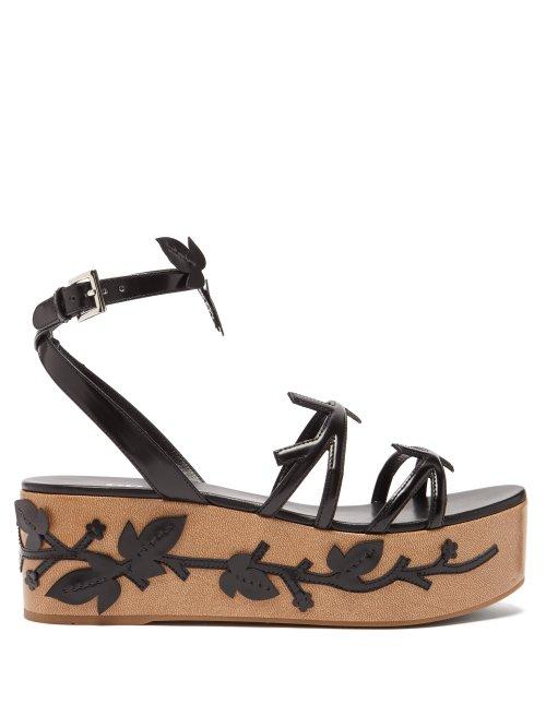 Matchesfashion.com Prada - Flatform Floral Appliqud Leather Sandals - Womens - Black