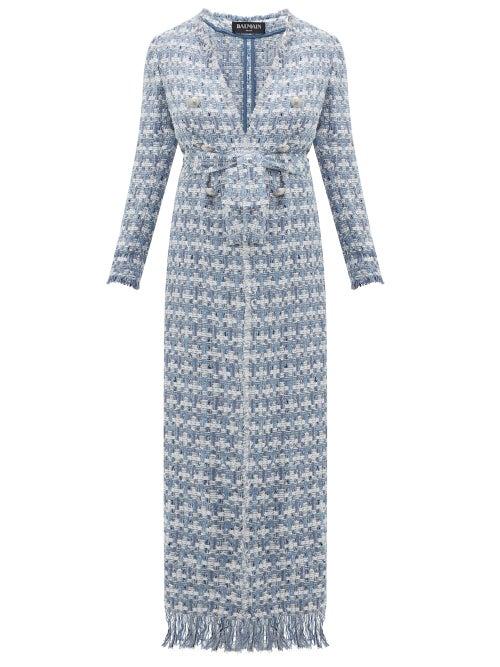 Matchesfashion.com Balmain - Double Breasted Belted Boucl Tweed Coat - Womens - Blue White