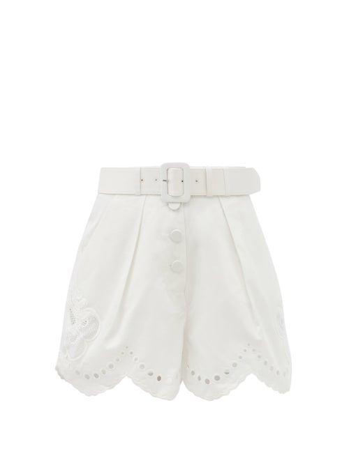 Self-portrait - Belted Broderie-anglaise Cotton Shorts - Womens - White