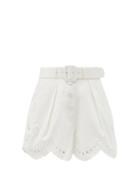 Self-portrait - Belted Broderie-anglaise Cotton Shorts - Womens - White