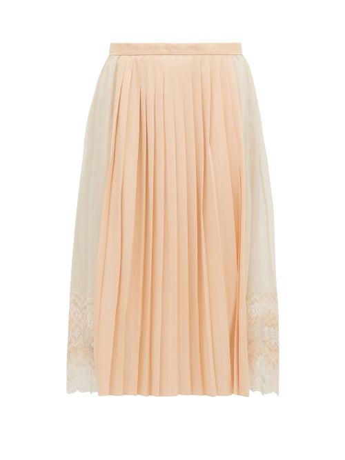 Matchesfashion.com Burberry - Lace Trimmed Chiffon And Pleated Satin Midi Skirt - Womens - Light Pink