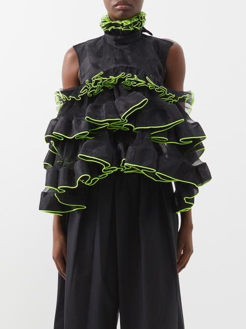 Noir Kei Ninomiya - Ruffled Backless Mesh Top - Womens - Black Yellow