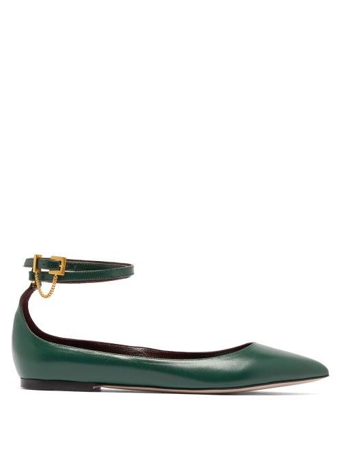 Matchesfashion.com Valentino - Chain Strap Point Toe Leather Flats - Womens - Dark Green