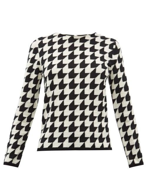 Matchesfashion.com Comme Des Garons Comme Des Garons - Houndstooth Raw Round Neck Wool Sweater - Womens - Black White