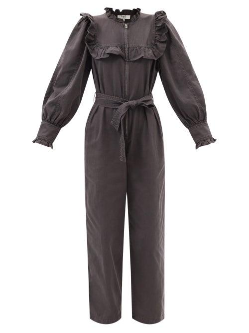 Sea - Stan Ruffled Sandwashed-twill Jumpsuit - Womens - Dark Grey